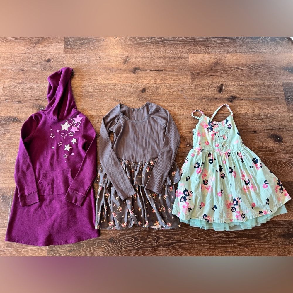 Girls Dresses Bundle - Purple Hoodie, Gray Ribbed, Floral Sundress